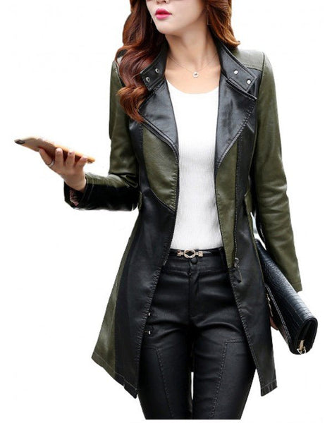 NOORA Womens Color Block Long Trench Coat With Zipper | Olive Green & Black Combination | Multi Color | ST0185 - Noora International