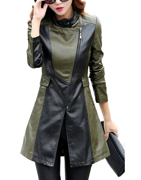 NOORA Womens Color Block Long Trench Coat With Zipper | Olive Green & Black Combination | Multi Color | ST0185 - Noora International
