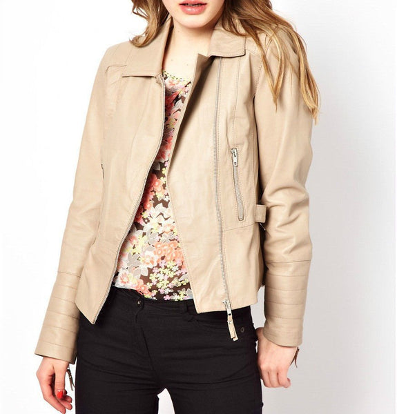 Noora Women's Cream fitted leather jacket with a Cinched back Motorcycle Leather Jacket ST0299 - Noora International