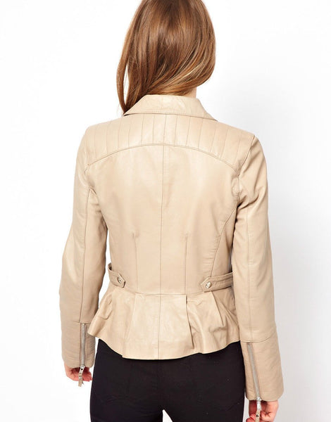 Noora Women's Cream fitted leather jacket with a Cinched back Motorcycle Leather Jacket ST0299 - Noora International