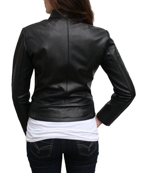 Noora womens cropped and fitted black leather jacket ST0205 - Noora International
