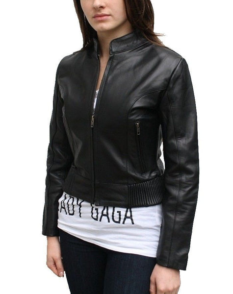 Noora womens cropped and fitted black leather jacket ST0205 - Noora International