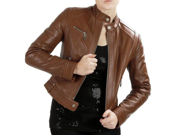 Noora women's cropped brown biker Motorcycle Leather jacket ST0253 - Noora International