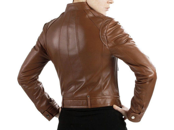 Noora women's cropped brown biker Motorcycle Leather jacket ST0253 - Noora International