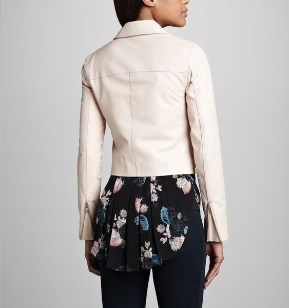Noora Women's Cropped Light Cream Biker leather jacket ST0252 - Noora International
