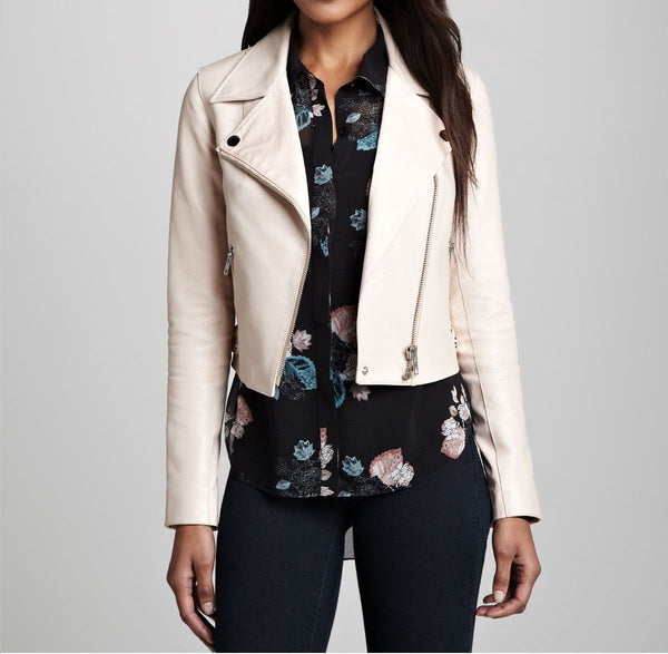 Noora Women's Cropped Light Cream Biker leather jacket ST0252 - Noora International
