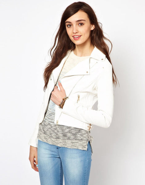 Noora Women's Cropped White biker leather jacket ST0296 - Noora International