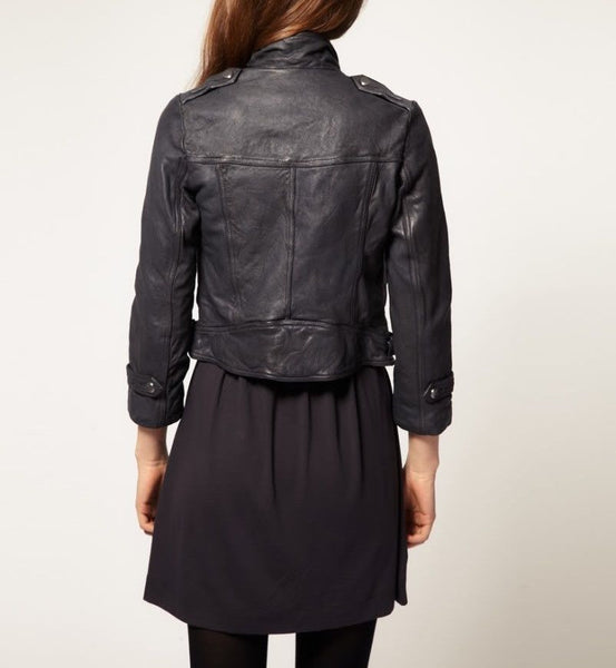 Noora Women's Dark grey leather jacket with front pockets ST0241 - Noora International