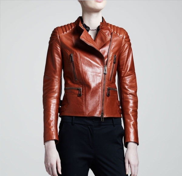 Noora Women's Detailed Burnt Orange Quilted Biker leather jacket ST0307 - Noora International
