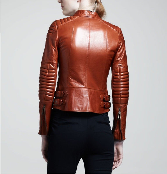 Noora Women's Detailed Burnt Orange Quilted Biker leather jacket ST0307 - Noora International