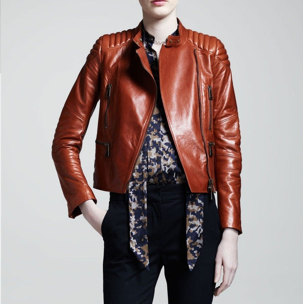 Noora Women's Detailed Burnt Orange Quilted Biker leather jacket ST0307 - Noora International