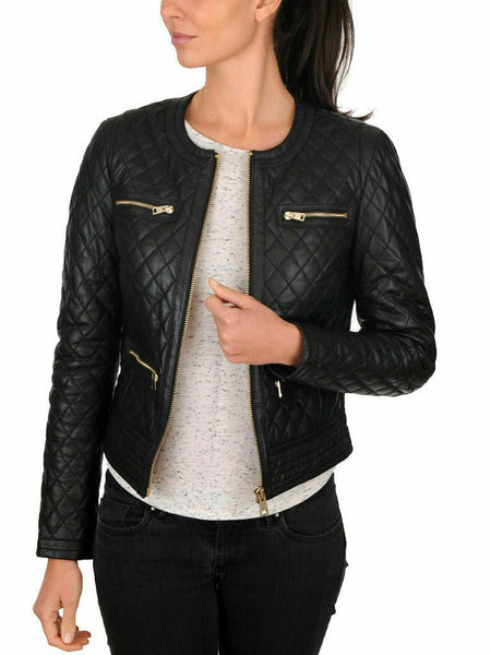 NOORA WOMEN'S DIAMOND QUILTED LADIES SLIM FIT BLACK BIKER LEATHER JACKET NI-1 - Noora International