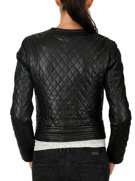 NOORA WOMEN'S DIAMOND QUILTED LADIES SLIM FIT BLACK BIKER LEATHER JACKET NI-1 - Noora International