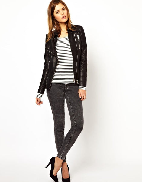 Noora Women's Doubles zipper black leather jacket , Biker Style Leather Jacket ST0312 - Noora International