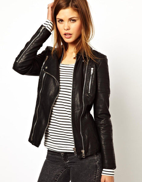 Noora Women's Doubles zipper black leather jacket , Biker Style Leather Jacket ST0312 - Noora International