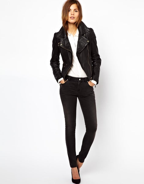 Noora women's fitted black motorcycle leather jacket ST0246 - Noora International