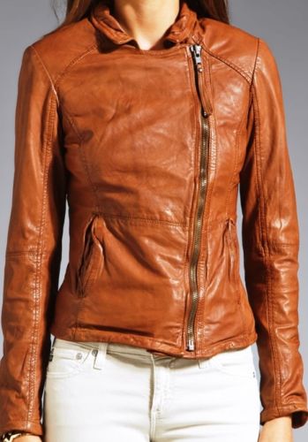 Noora Women's fitted Orange-Brown Motorcycle leather jacket ST0281 - Noora International
