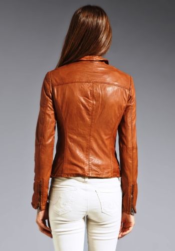 Noora Women's fitted Orange-Brown Motorcycle leather jacket ST0281 - Noora International