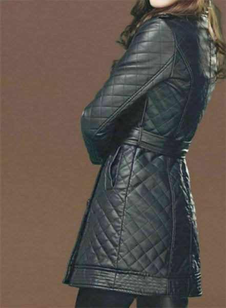 Noora Womens Genuine Lambskin Leather Long Black Trench Coat Lace Up Overcoat QD - Noora International