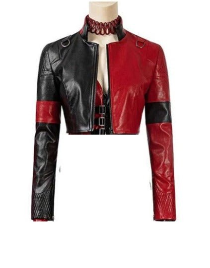 NOORA Womens Genuine Lambskin Leather Red & Black Cropped Jacket Quinn Style- RT3268 - Noora International