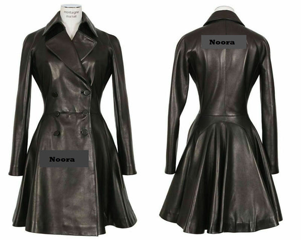 NOORA Women's Genuine Leather Pure Soft Lambskin Trench Coat Long Jacket JK2 - Noora International