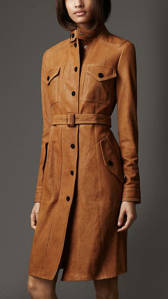 NOORA Womens Genuine Leather Pure Soft Lambskin Trench Coat Long Overcoat Jacket - Noora International