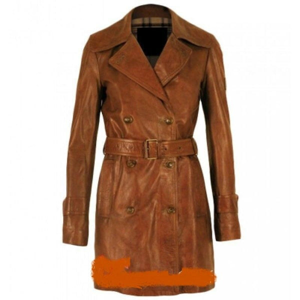 NOORA Womens Genuine Leather Pure Soft Lambskin Trench Coat Long Overcoat Jacket RT355 - Noora International