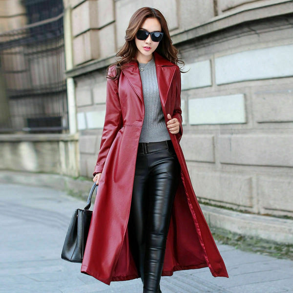 NOORA Womens Genuine Leather Pure Soft Lambskin Trench Coat Long Overcoat Sb152 - Noora International