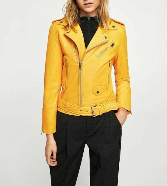 Noora Women's Genuine Real Lambskin Yellow Leather Jacket Modern Slim Fit Biker Ladies Leather Jacket - Noora International