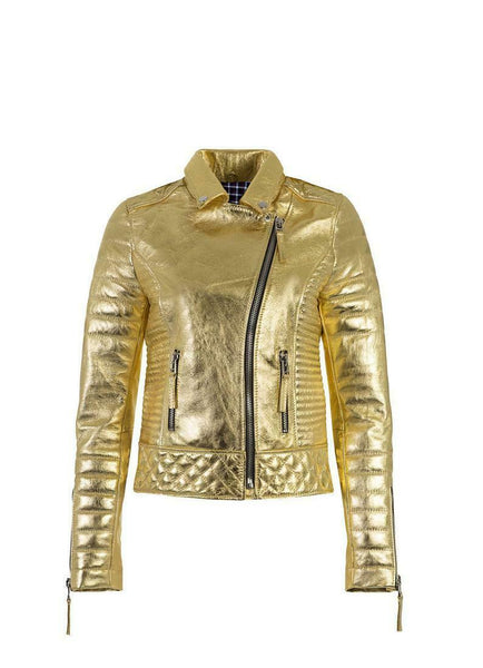 Noora Womens German Military Biker Motorcycle Lambskin Leather Gold Jacket QD829 - Noora International