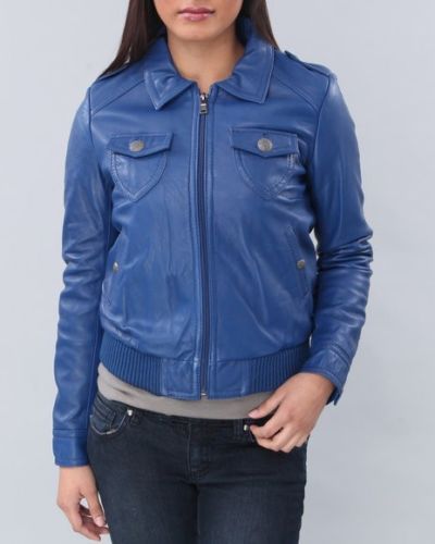 Noora Women's & Girls 100% Blue Lambskin Leather Jacket, Bomber Biker BLUE Jacket With Collared YK08 - Noora International