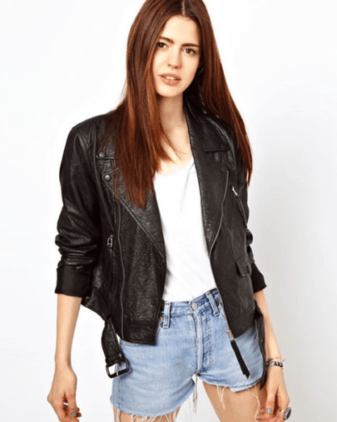 NOORA Womens & Girls Lambskin Black Leather Jacket | Biker Jacket Slim fit With Belted, Trend Fashion Jacket YK067 - Noora International