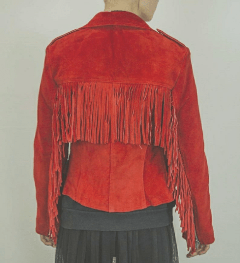 Noora Women's & Girls Red Suede Lambskin Leather Western Women Fringe Jacket Motorcycle / Biker Jacket for Halloween With Zip & Buttons UN05 - Noora International