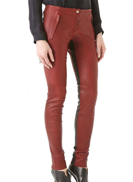 NOORA Womens & Girls Red With Black Strip HOT Lady Pant, Ladies Original Lambskin Leather Trouser Pant SB134 - Noora International