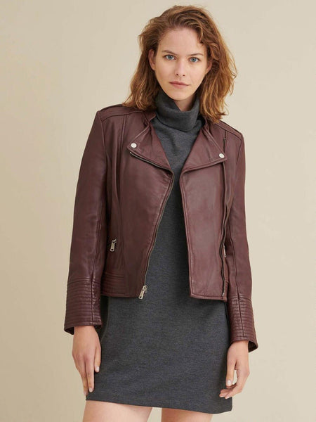 Noora Womens & Girls Stylish Asymmetrical Maroon Lambskin Leather Jacket Party Wear Jacket Customize Handmade Motor Biker Slim Fit Jacket - Noora International