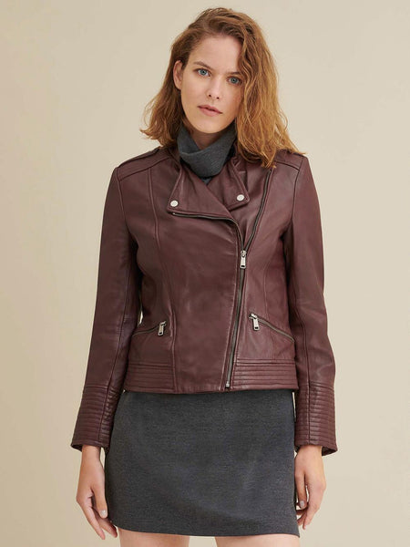 Noora Womens & Girls Stylish Asymmetrical Maroon Lambskin Leather Jacket Party Wear Jacket Customize Handmade Motor Biker Slim Fit Jacket - Noora International