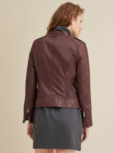 Noora Womens & Girls Stylish Asymmetrical Maroon Lambskin Leather Jacket Party Wear Jacket Customize Handmade Motor Biker Slim Fit Jacket - Noora International