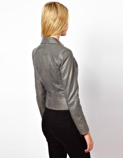 Noora Women's Grey leather Biker Style Leather jacket ST0316 - Noora International