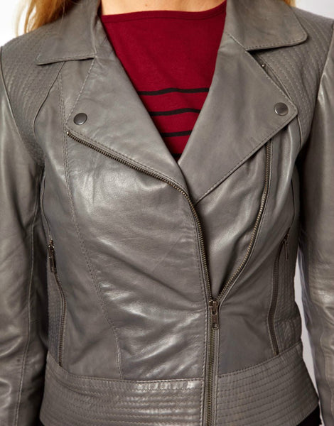 Noora Women's Grey leather Biker Style Leather jacket ST0316 - Noora International