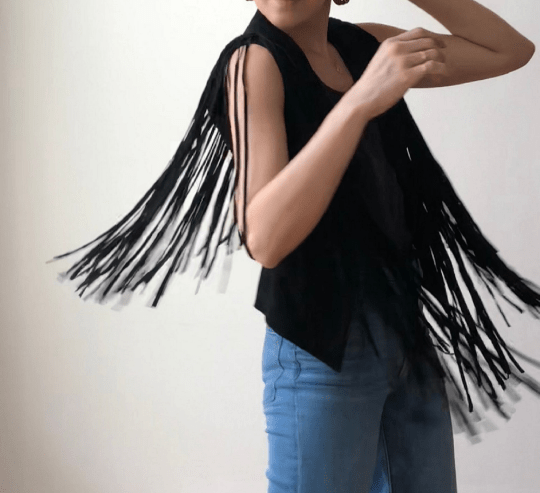 NOORA Womens Handmade Black Suede Fringe Jacket | Waterfall Jacket | Sleeveless Jacket | ST0106 - Noora International