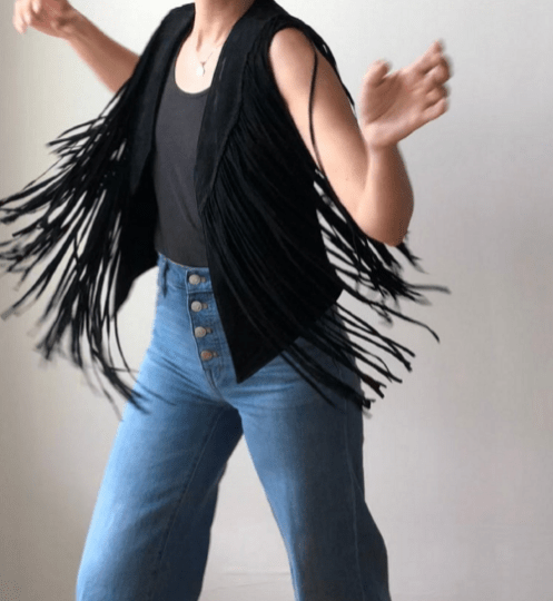 NOORA Womens Handmade Black Suede Fringe Jacket | Waterfall Jacket | Sleeveless Jacket | ST0106 - Noora International
