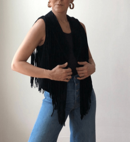 NOORA Womens Handmade Black Suede Fringe Jacket | Waterfall Jacket | Sleeveless Jacket | ST0106 - Noora International