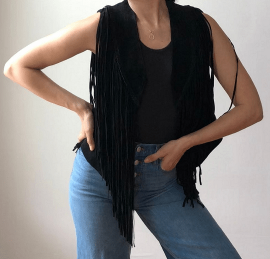 NOORA Womens Handmade Black Suede Fringe Jacket | Waterfall Jacket | Sleeveless Jacket | ST0106 - Noora International