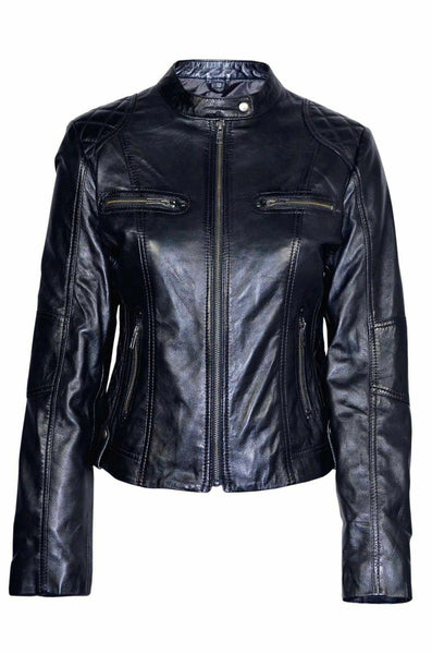 Noora Womens Ladies Real Lambskin Black Leather Racing Style Biker Jacket NEW L24 - Noora International