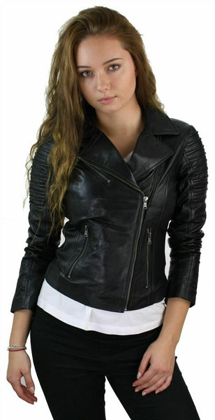 Noora Womens Ladies Real Soft Black Leather Racing Style Biker Jacket NEW L26 - Noora International