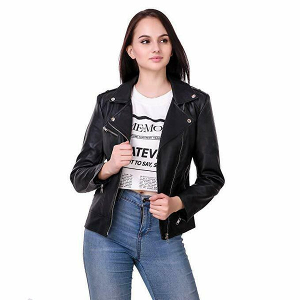 Noora Womens Ladies Real Soft Black Leather Racing Style Biker Jacket NEW L35 - Noora International