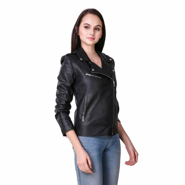 Noora Womens Ladies Real Soft Black Leather Racing Style Biker Jacket NEW L35 - Noora International