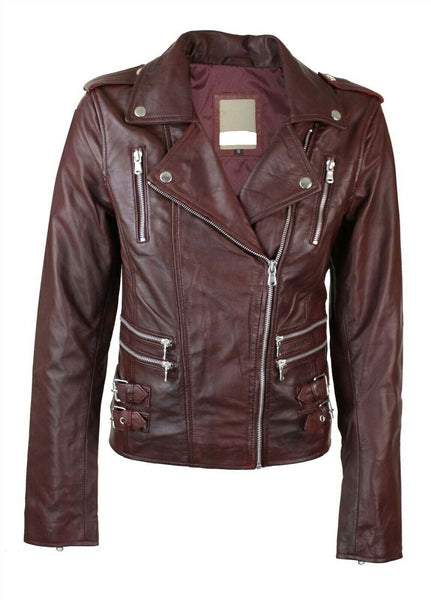 Noora Womens Ladies Real Soft Leather Racing Style Biker Jacket NEW L1 - Noora International