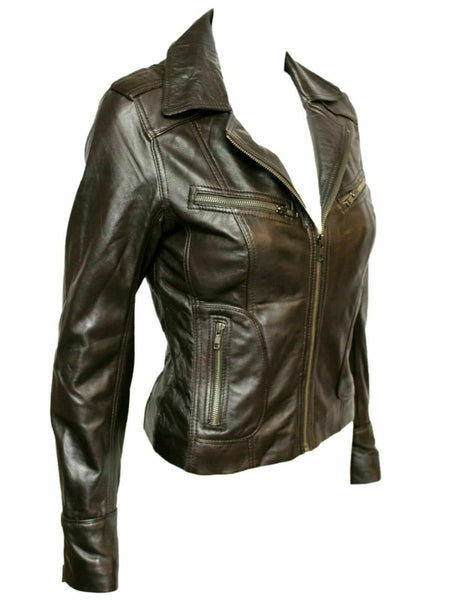 Noora Womens Ladies Real Soft Leather Racing Style Biker Jacket NEW L3 - Noora International