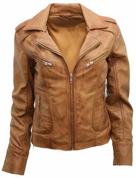Noora Womens Ladies Real Soft Tan Brown Leather Racing Style Biker Jacket NEW L25 - Noora International
